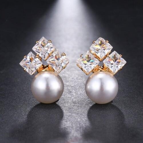 Ekopdee Elegant Classic Wedding Jewelry For Women Simulated Pearl Cubic Zirconia Stud Earrings 2021 Trendy Female Zircon Earring