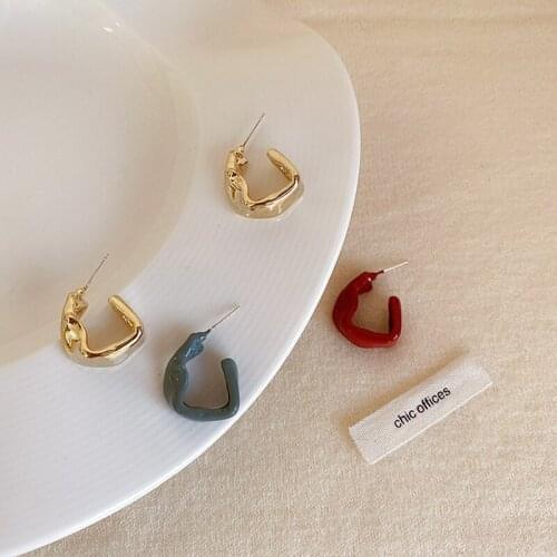 GSOLD New Trendy Dripping Glaze Metal Geometric Irregular C-shaped Stud Earrings Simple Vintage For Women Party Jewelry Gift