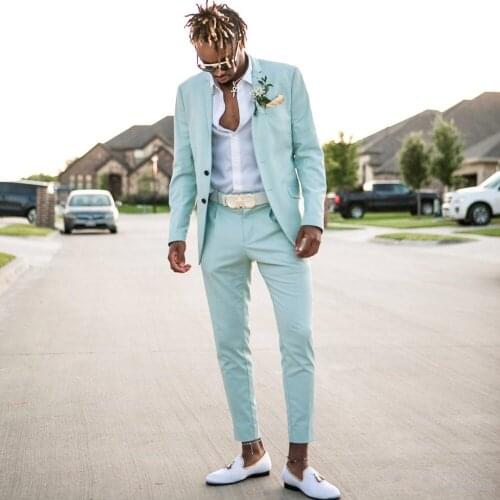 Mint Green Mens Suits Slim Fit Two Pieces Beach Groomsmen Wedding Tuxedos For Men Peaked Lapel Formal Prom Suit (Jacket+Pants)