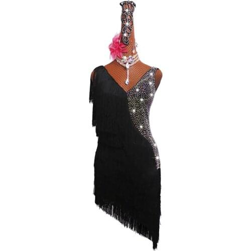 Latin tassels skirt dress competition dress performance dress adult female black #LD0079