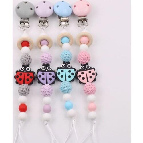 Cartoon Insect Baby Pacifier Chain Wooden Clip Geometric Crochet Beads Bag Silicone Animal Pendant Baby Teether Dummy Clips bebé