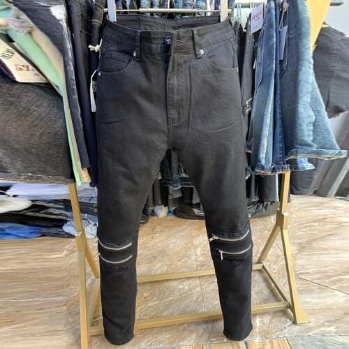 Mens Slim Jeans Japanese And Korean Style Spring Fashionable Brand Casual Black Zipper Stitching Motorcycle Pants Stacked Jeans