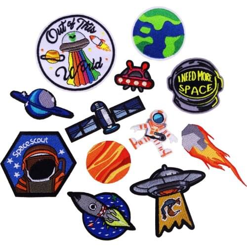 Iron on Outer Space UFO Planet Patches for Clothing Stripes Embroidered Patches Badge Stickers on Clothes for Kids DIY Appliques