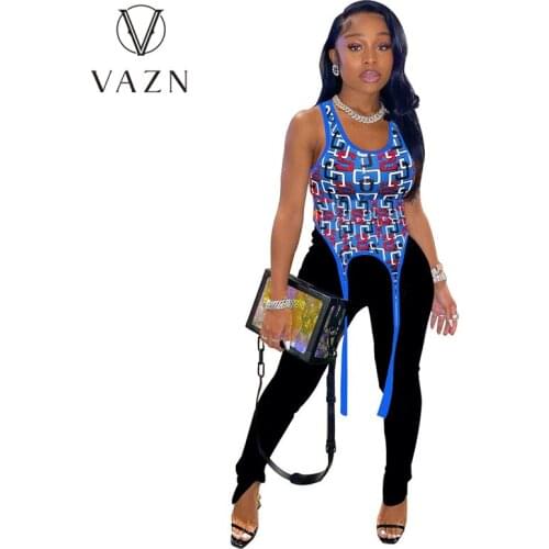 VAZN 2021 New Fashion Sleeveless Strap Colorful Print T-shirt Beach Special Sexy Young High Waist Skinny Women Tops