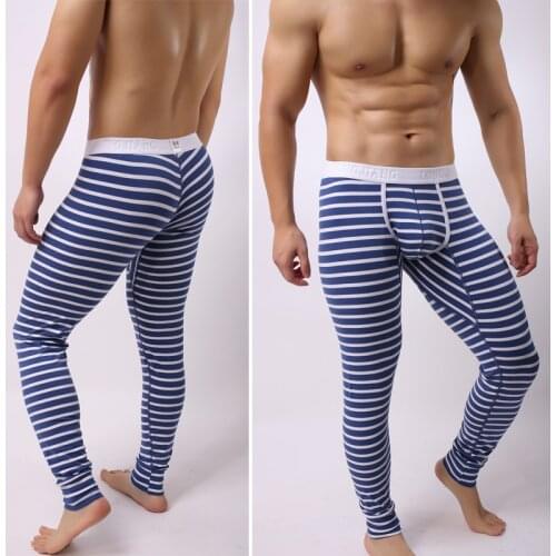 New Men Warm Cotton Stripe Long Johns Thermal Underwear Winter Sleepwear Warm Ultra-Soft Thin Mens Pajamas