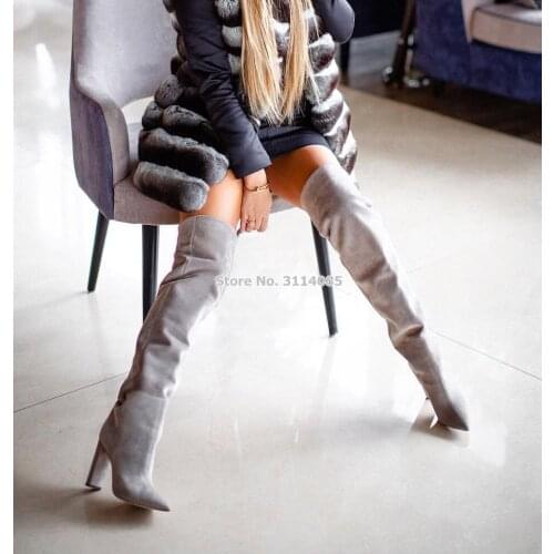 2018 Fall Winter New Arrival Grey Nude Suede Leather Thigh High Boots Chunky Heels Pointy Toe Dress Boots Outside Coat Shoes
