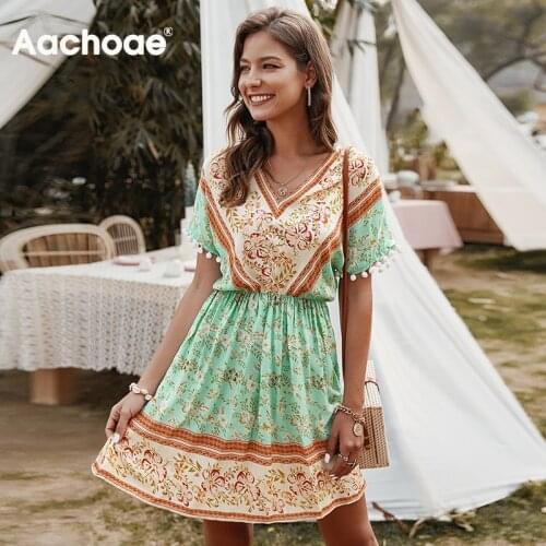 Aachoae Summer Floral Print Boho Dress V Neck Mini Beach Dress Batwing Short Sleeve Loose Casual Pleated Dress Vestidos Mujer