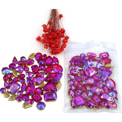 Sell at a loss! 50pcs/bag high quality mixed shape Red AB glass crystal sew on gold base rhinestones diy clothing accessories