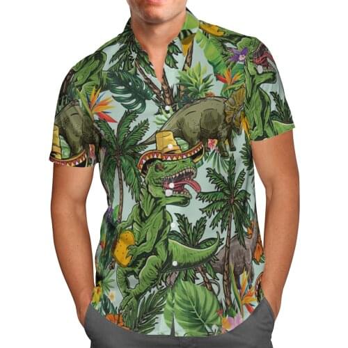 Dinosaur Print Short Sleeve Shirts For Men Loose Cardigan Button Shirts Plus Size Hawaiian Style Summer 2021 Ventilated Shirt-51