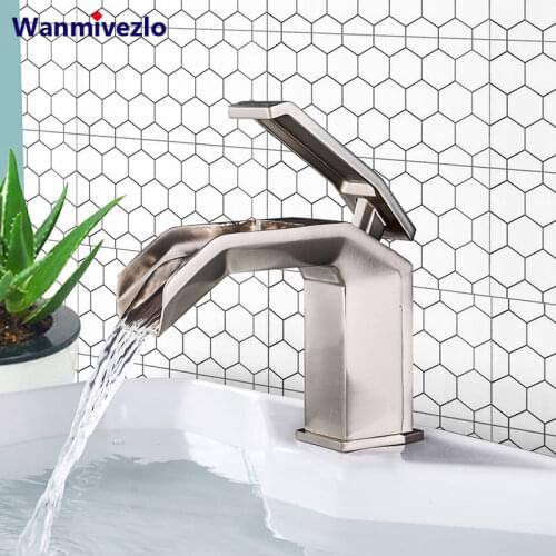 Waterfall Basin Faucets Torneira Banheiro Brushed Nickel Single Handle Cold Hot Tap Bathroom Vessel Sink Faucet Crane Mixer Tap