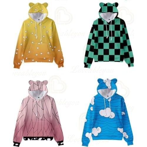 2020 Japanese Demon Slayer Kamado Tanjirou Agatsuma Zenitsu Tomioka Giyuu Cosplay Cat Ear Hooded Hoodie 3D Printing Hoodies