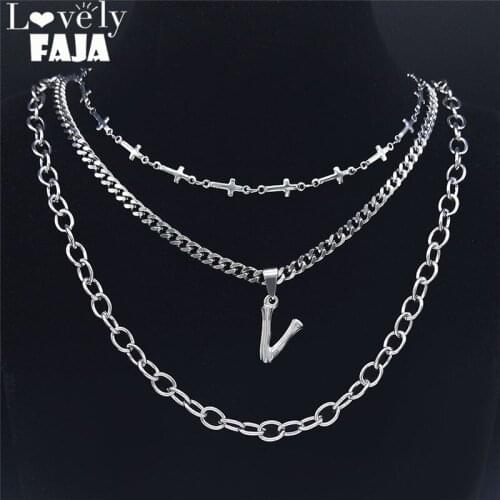 V Cross Stainless Steel 3 Letter Layer Punk Chocker Necklace Women/Men Fashion Jewelry 2021 collier en acier inoxydab NK76S03