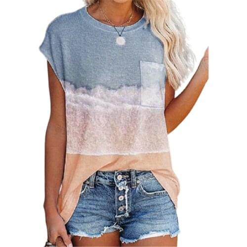 Women T-Shirt Seaview Pocket Printed O Neck Drop Shoulder Short Sleeve T Shirt Summer Casual Loose Tees Plus Size Streetwear