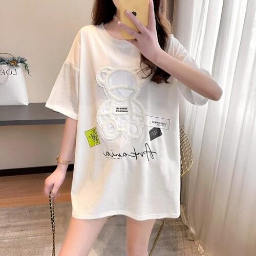 Ladies T-shirt Harajuku Girl Top O-neck Short-sleeved Loose Summer T-shirt Embroidered Bear Pure Cotton Female Bottoming Shirt
