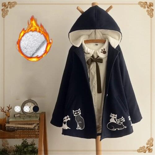 Casual coat jacket women 2021 veste femme Casual Long Sleeve Thickened fleece jacket in winter girls Clothing Cartoon Cat Print