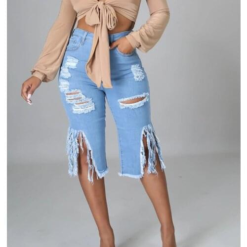FNOCE Summer New Style Womens fashion Casual Ripped Elastic Fringed Jeans Womens middle Pants