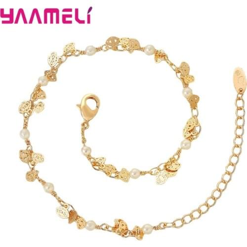 100% 925 Sterling Silver Pearl Leaf Chain Bracelet Original New Brand Gold Color Women Charms Bangles with Extender