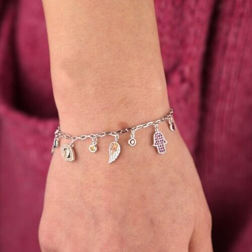 2019 Lucky Wing feather charm Hamsa Bracelets Blue Turkish Evil Eye Women Bracelet Fatima Friendship Jewelry 15+4cm size