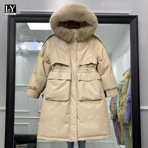 LY VAREY LIN Winter Women 90% White Duck Down Long Coat Thickness Warm Overcoats Jacket Large Natural Fur Collar Hooded Parkas