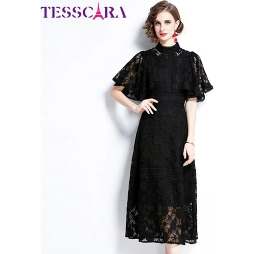 TESSCARA Women Summer Elegant Lace Dress Festa High Quality Long Office Party Robe Femme Runway Vintage Designer Black Vestidos