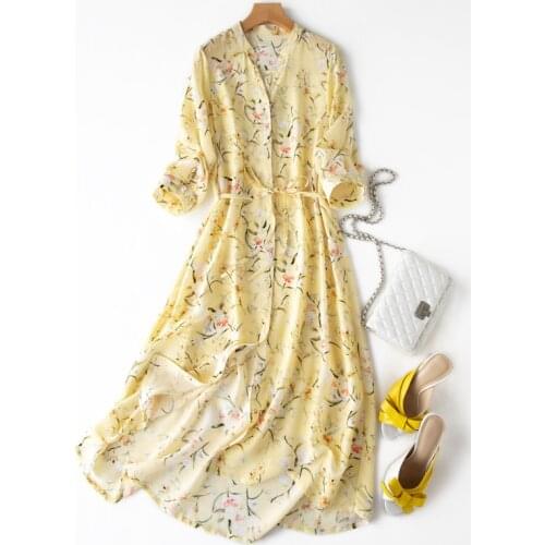 Womens 100% Pure Silk V neck half sleeve Long Midi Dress yellow print belted waist L XL JN495
