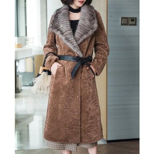 2020 Luxury Sheep Fur Coat Female Thick Winter Jacket Women Wool Coats Natural Mink Fur Collar Long Slim Outwear 37069