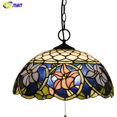 FUMAT Pendent Lamp Tiffany Flower Stained Glass Shade Pendant Lamps LED E26 E27 16 Inch Dining Room Hanglamp Living Room Supspen