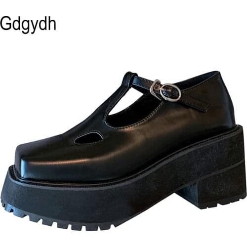 Gdgydh Black Leather PU Harajuku Chunky Gothic Platform Shoes For Women T-strap Fashion Square Toe Spring Summer High Heel Pumps