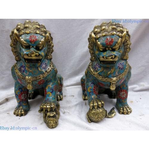 China handmade bronze gild blue Cloisonne Foo Dogs Lions pair sculpture Statue