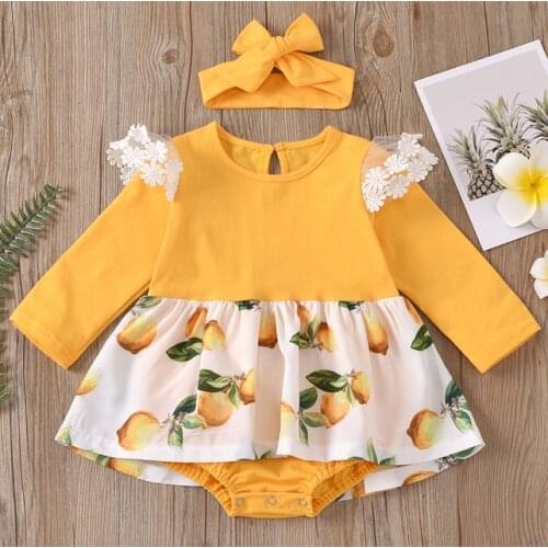 Baby Girls Clothes Set Toddler Lemon Print Jumpsuit with Buttons +Solid Color Headband for Spring