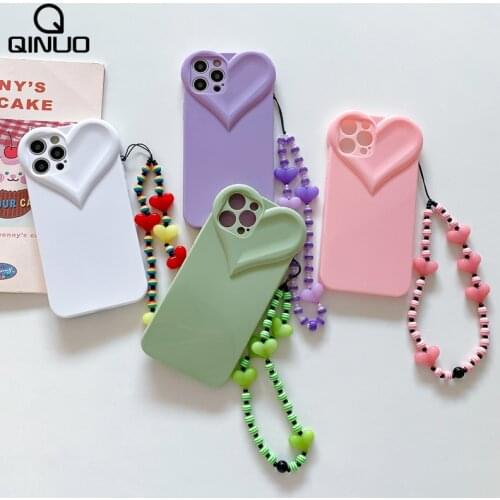 Love Heart Beads Pearl Bracelet Soft Phone Case For iPhone 12 11 Pro Max 7 8 Plus X XR XS Max Candy Color Strap Cord Chain Cover