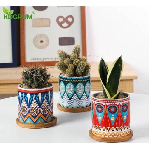 National Style Ceramic Flower Pot Succulent Plant Pot Geometric Striped Flower Pot Manual Wooden Base Home Desktop Decoration