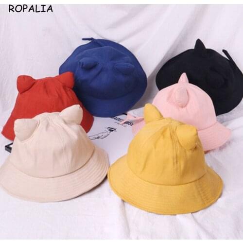 Unisex Summer Bucket Hat Sun Protection Women Cute Cat Ears Hats Casual Fisherman Hat Yellow Caps