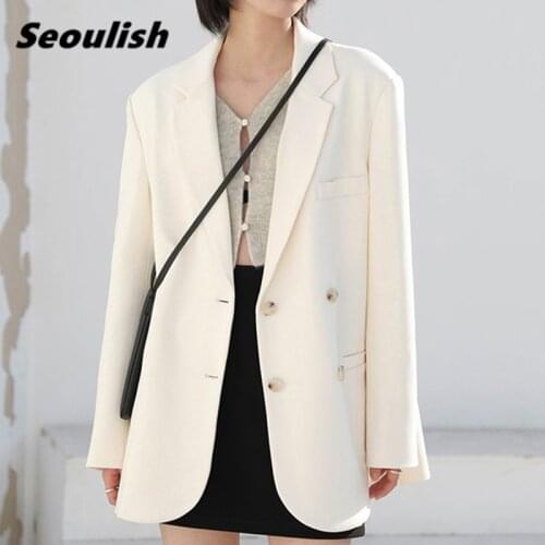 Seoulish New 2021 Loose Double Breasted White Womens Blazers Pockets Female Formal Jackets Elegant Loose Outerwear Tops Spring
