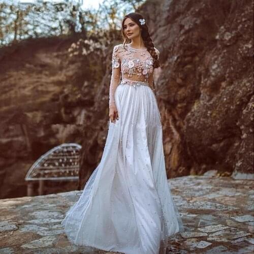 See Through Evening Dresses A-line Long Sleeves Flowers Pearls Dubai Saudi Arabia Long Prom Dress Gown Robe De Soiree