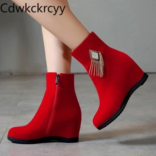 Winter The New fashion Suede Side zipper Increase within Women boots red Rhinestone tassel Keep warm High heel Women boots 34-43