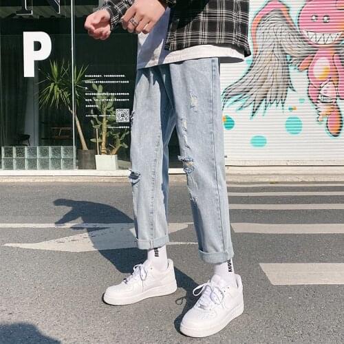 Summer 2020 thin nine-point jeans boys straight loose ripped holes Korean fashion casual wild wide-leg long harem pants