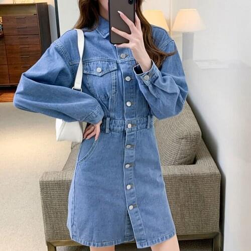 Spot Chinese new temperament fashion high-end doll collar single breasted long sleeve waist show thin denim dress