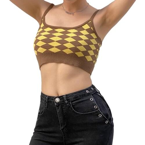 Summer Sexy Women Casual Sleeveless Crop Tanks Tops Yellow Plaid Printed Pattern U-shaped Collar Camisole