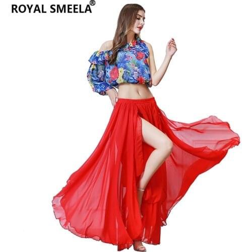 Oriental women dance wear belly dance costumes slanted shoulder floral top shirt chiffon skirt sexy belly dancing top skirt 2pcs