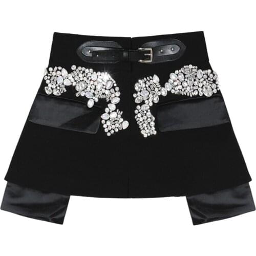 Women Beading High Waist Skirt Diamonds Decoration High Street Sexy Mini Skirt