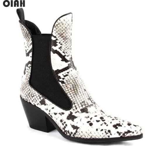 OIAH New Women Chelsea Boots Ankle Boots Fashion Female Snake Skin Pu Leather Slip On Western Cowboy Boots Free Shipping Botas