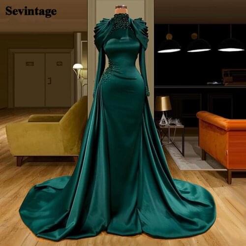 Sevintage Mermaid Long Sleeves Evening Dresses 2 Pieces High Neck Beaded Satin Prom Dress Plus Size Women Formal Party Gowns