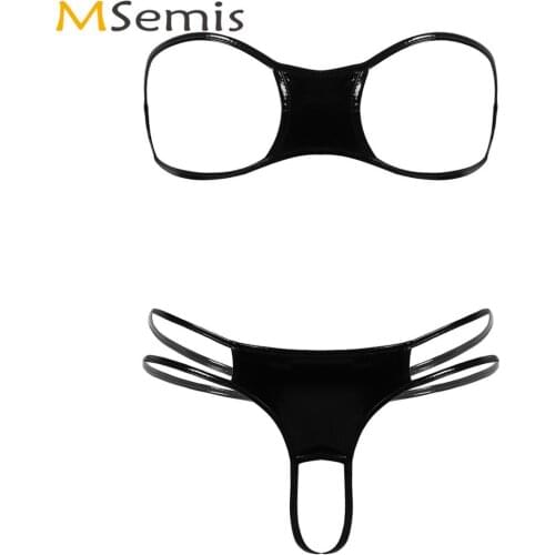 Women Porno Stripper Micro Bikinis Wetlook Leather Underwear Set Erotic Open Cups Bra with Crotchless Briefs Femme Sexy Lingerie