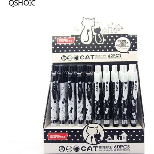 60pcs/lot Kawaii Stationery Cute Black And Withe Cat Ballpoint Pens For Writing 0.5mm Blue Ink Pen Set Office School Supplies