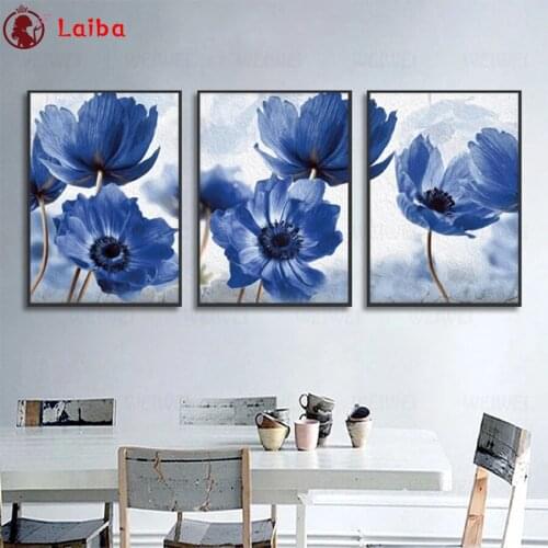 Diamond embroidery Abstract art, blue flowers diamond painting cross stitch 5d full square round drill 5d puzzles3pcs