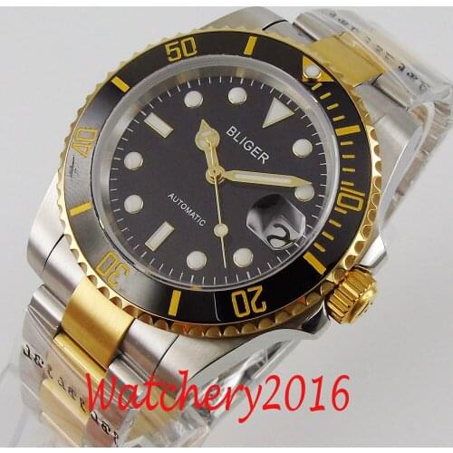 BLIGER 40mm Black dial luminous hands Sapphire Glass full stainless steel NH35 automatic movement Mens Watch