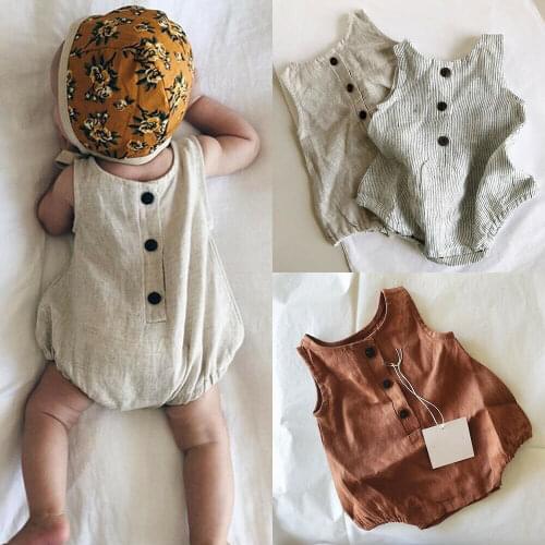 Newborn Infant Baby Girl Boy Summer Sleeveless Solid Bodysuit Cotton Linen Jumpsuit Outfits Casual Sunsuit 0-18M