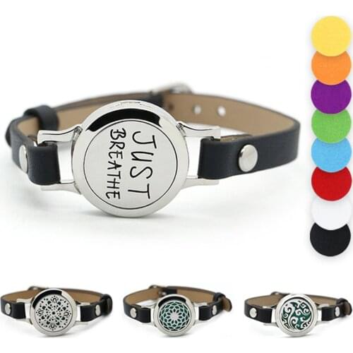 BOFEE Aromatherapy Bracelet Essential Oil Locket Diffuser Leather Silver Magnet Just Breathe Stainless Steel Jewelry Gift 25mm