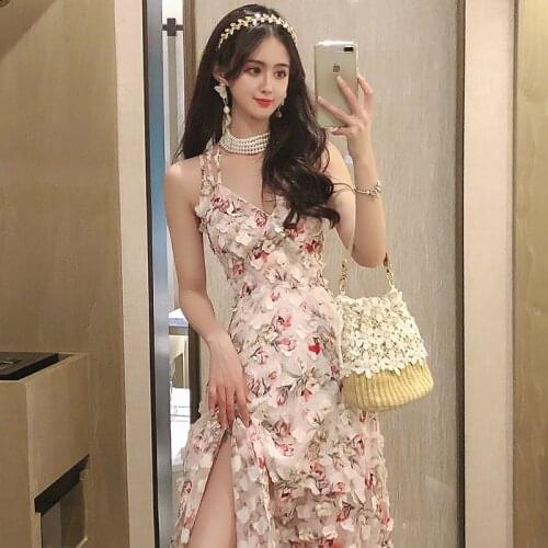 2020 Summer bohemian three-dimensional flower chiffon printed slim suspender dress